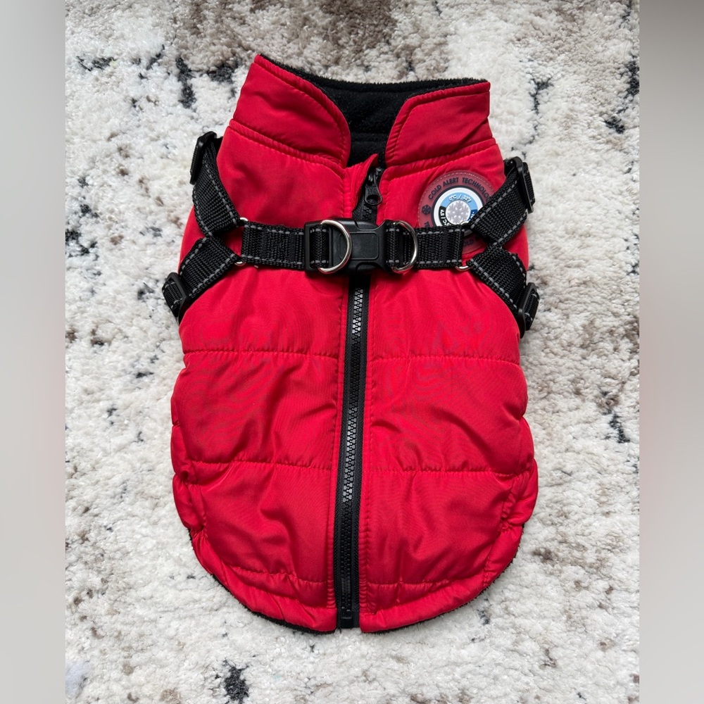 Small Red Dog Puffer Vest with Harness